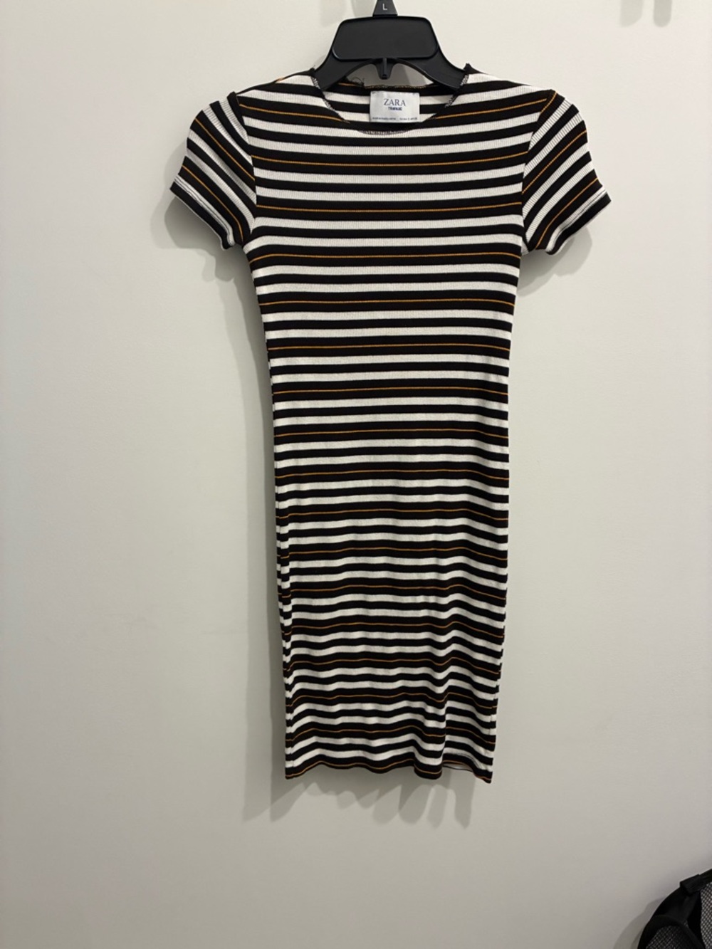 Zara Ribbed Striped Bodycon Mini Dress Black White Brown Cap Sleeve S